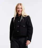 Campera corta negra de polivelour con cuello inglés, manga larga, cierre abotonado, bolsillos con solapa y botones en el pecho.