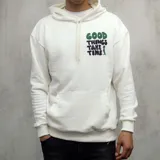 Canguro blanco con capucha, cordones ajustables y bolsillo tipo canguro. Estampado frontal con la frase "Good things take time" en verde y azul.