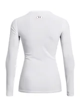Remera de compresión Under Armour de manga larga, color blanco, con cuello redondo y logo de la marca estampado en el pecho. Confeccionada en tejido HeatGear elástico que absorbe el sudor y ofrece un ajuste ceñido.