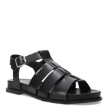 Sandalias tipo gladiadora de cuero negro, con tiras anchas entrelazadas, suela plana y cierre lateral con hebilla metálica.