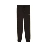 Pantalón de jogging Puma color negro con franjas laterales en color crema. Presenta cintura elástica con cordón ajustable, puños acanalados en los tobillos y logo de la marca bordado en la parte superior.