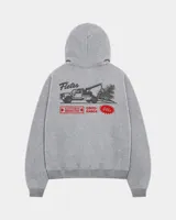 Hoodie de corte regular en color gris melange, con capucha, mangas largas y bolsillos tipo canguro. Presenta un estampado gráfico en la espalda con la inscripción 'Fletes' y una ilustración de una grúa transportando una planta.