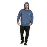 Canguro azul con capucha, cordones ajustables, bolsillo tipo canguro y logo de Volcom estampado en el pecho.