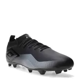 Championes de fútbol Umbro Vibe HG para hombre, diseñados para césped natural. Presentan una capellada sintética de alta resistencia en color negro con detalles degradados en gris y el logo de la marca en el lateral. Cuentan con cierre de cordones y suela con tapones estratégicos para mayor tracción.
