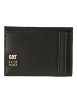 Billetera tarjetero de cuero negro con diseño minimalista y logo de la marca grabado en relieve. Cuenta con ranuras para tarjetas y tecnología de protección RFID.