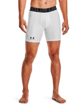 Shorts de compresión Under Armour HeatGear blancos, con pretina elástica con logo de la marca y bolsillo lateral.