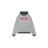 Campera con capucha full zip de Eme Studios, modelo Capri Night Sky. Presenta diseño a rayas horizontales en tonos gris y blanco, con capucha lisa y puños en tono gris oscuro. Cuenta con inscripción bordada en color rojo en el frente.