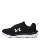 Championes de running Under Armour modelo Charged Assert 10, color negro con detalles en blanco. Presentan parte superior de malla transpirable con refuerzos sintéticos, tecnología de amortiguación Charged Cushioning en la entresuela y suela de goma resistente para mayor tracción.