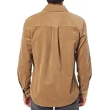 Camisa de pana color mostaza, de manga larga, con cuello clásico, cierre con botones y bolsillo en el pecho.