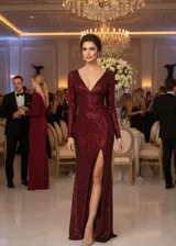 Vestido largo de fiesta color bordó, confeccionado en tela con lentejuelas brillantes. Presenta escote en V profundo, mangas largas y una abertura lateral en la falda que deja ver la pierna.