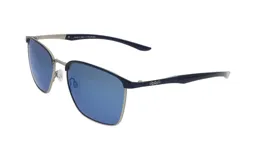 Lentes de sol unisex con armazón plateado y lentes espejados azules.