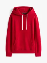 Buzo con capucha Tommy Hilfiger color rojo, confeccionado en felpa de mezcla de algodón y poliéster. Cuenta con cordón ajustable en la capucha, bolsillo canguro, puños y bajo de punto canalé, y logo bordado en el pecho.