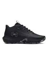 Championes de básquetbol Under Armour modelo Lockdown 7, color negro con detalles en gris. Presentan una parte superior de malla transpirable con superposiciones de cuero sintético para mayor sujeción, entresuela de EVA para una pisada ligera y reactiva, y suela exterior de caucho con patrón de tracción en espiga.