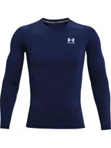 Remera térmica deportiva Under Armour HeatGear Armour Compression de manga larga y calce ajustado, color azul marino, con cuello redondo y el logo de la marca estampado en el pecho en color blanco.