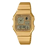 Reloj Casio unisex de estilo retro, caja y malla de acero inoxidable color dorado. Presenta una esfera dorada con diseño analógico y digital combinado, con indicadores de alarma, cronómetro e iluminación.