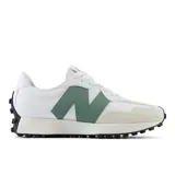 Championes New Balance 327 unisex, color blanco con logo "N" en verde y detalles en beige.