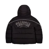 Campera puffer negra con capucha y logo Trapstar Irongate Arch Pipping v2 estampado en la espalda.