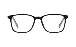 Armazón de anteojos de diseño rectangular en color negro mate, fabricado en acetato con terminaciones en gris en las varillas.