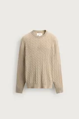 Jersey relaxed fit de punto tejido en hilatura con mezcla de algodón y 30% de cashmere, color beige, con cuello redondo, manga larga y acabados en rib, con diseño de trenzas.