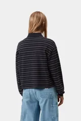 Polo de manga larga Carhartt WIP modelo Mabel, confeccionado en piqué de algodón color negro con diseño de finas rayas horizontales blancas. Cuenta con cuello clásico, cierre frontal con botones y el logotipo de la marca bordado en el pecho.
