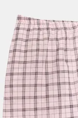 Pantalón bombacho de tiro medio, confeccionado en mezcla de algodón con estampado de cuadros en tonos rosados y oscuros. Presenta cintura elástica y bajo abullonado con puño elástico.