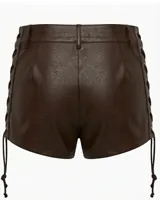 Short de cuero sintético negro con cierre frontal, bolsillos con cremallera y cordones laterales ajustables.