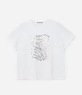 Remera plus size de algodón color blanco, con mangas cortas, cuello redondo y estampado frontal con rayas de cebra bordadas con lentejuelas.