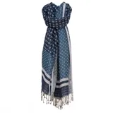 Bufanda rectangular de lana y algodón con estampado geométrico en tonos de azul y gris.