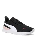 Championes deportivos Puma modelo Anzarun Lite, con parte superior de malla transpirable en color negro, suela blanca y detalles en rosa pálido en el talón. Incluye plantilla SoftFoam+ para mayor amortiguación.