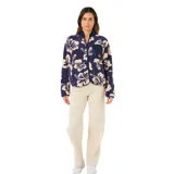 Campera de polar con cierre frontal, diseño estampado de flores tipo hibisco en tonos azul y crema. Cuenta con cuello alto, bolsillo frontal con cierre en el pecho y bolsillos laterales, con detalle de logo de la marca en el bolsillo superior.