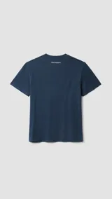 Camiseta azul marino de algodón orgánico con cuello redondo y manga corta. Estampado pequeño con el logo de la marca en el pecho.