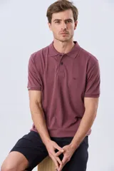 Remera polo de piqué color bordó, de manga corta con cuello clásico y cierre frontal de dos botones. Presenta un pequeño logo bordado en el pecho.