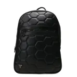 Mochila Tiffosi de cuero sintético negro con diseño acolchado hexagonal estilo balón, bolsillo frontal con cierre y detalle de logo metálico en la parte inferior.
