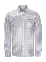 Camisa de manga larga con cuello abotonado, confeccionada en popelina de algodón orgánico. Presenta un estampado de cuadros en tonos azul y rojo sobre fondo blanco, con bolsillo frontal en el pecho y logo bordado.