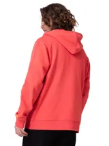 Campera con capucha Caterpillar de color coral, con cierre frontal de cremallera metálica, bolsillos tipo canguro, capucha forrada y puños y bajo de punto acanalado. Cuenta con una pequeña etiqueta con el logo de la marca en el bajo.