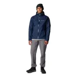 Campera cortaviento Columbia modelo Evapouration II, color azul marino, con capucha integrada, cierre frontal impermeable, ventilación en axilas y puños ajustables.
