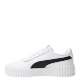 Championes Puma Carina 3.0 de estilo urbano, con exterior en color negro y detalles en blanco. Presentan suela de plataforma con textura acanalada, cierre de cordones y logo de la marca en dorado en el lateral y la lengüeta.