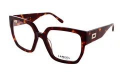 Lentes de receta Lancel con armazón de acetato en estampado carey, diseño cuadrado de gran tamaño y detalle metálico en las patillas.