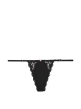 Bombacha tipo tanga de tiro bajo en color negro, confeccionada en microfibra ultrasuave con detalles de encaje en los laterales y ribetes. Cuenta con tiras laterales ajustables con herrajes dorados y un pequeño detalle de roseta en el centro.