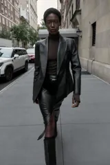 Blazer entallada de cuello solapa y manga larga con hombreras, confeccionada en efecto piel color negro. Cuenta con bolsillos delanteros con solapa y cierre frontal cruzado con botones.