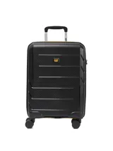 Valija de cabina rígida Caterpillar Venture Trolley de 20 pulgadas, color negro con detalles en amarillo, cuatro ruedas dobles multidireccionales y tirador telescópico.