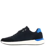 Championes urbanos N+ modelo Tila, con diseño en bloques de color azul marino, gris y detalles en naranja. Presentan cierre con cordones blancos, suela blanca con base oscura y estructura combinada de materiales sintéticos.