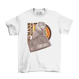 Remera blanca de algodón con estampa frontal de ET en una caja, con el texto 'Humans Sucks!' y diseño circular de fondo en tonos naranja y marrón.