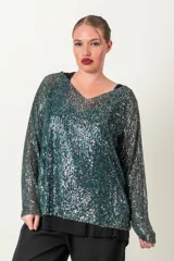 Blusa de fiesta con lentejuelas plateadas y verde esmeralda, forrada en viscosa, con escote en V y mangas tres cuartos.