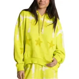 Canguro amarillo con capucha, cordones ajustables y bolsillo tipo canguro. Presenta un estampado de estrellas y cruces blancas.