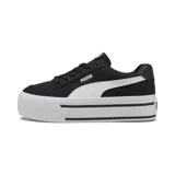 Championes Puma modelo Court Classic Vulc FS Platform, de diseño urbano con plataforma alta. Presentan una capellada de lona negra con la franja característica de Puma en blanco y suela de goma blanca con líneas negras decorativas.