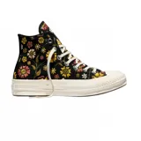 Championes Converse Chuck 70 de caña alta, con diseño de lona negra bordada con flores coloridas y suela de goma blanca.