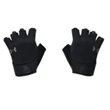 Guantes de entrenamiento Under Armour sin dedos, color negro, con cierre de velcro en la muñeca y el logo de la marca en tono gris.