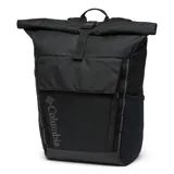 Mochila urbana y de senderismo Columbia modelo Convey III, color negro, con diseño de cierre enrollable. Cuenta con compartimento principal, bolsillo frontal con cierre, bolsillos laterales para botellas y funda interna para portátil de 15 pulgadas. Incluye respaldo de malla transpirable, tirantes acolchados ergonómicos y cinta pectoral ajustable.