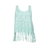 Musculosa verde turquesa con estampado abstracto en blanco y gris, y flecos en el ruedo.